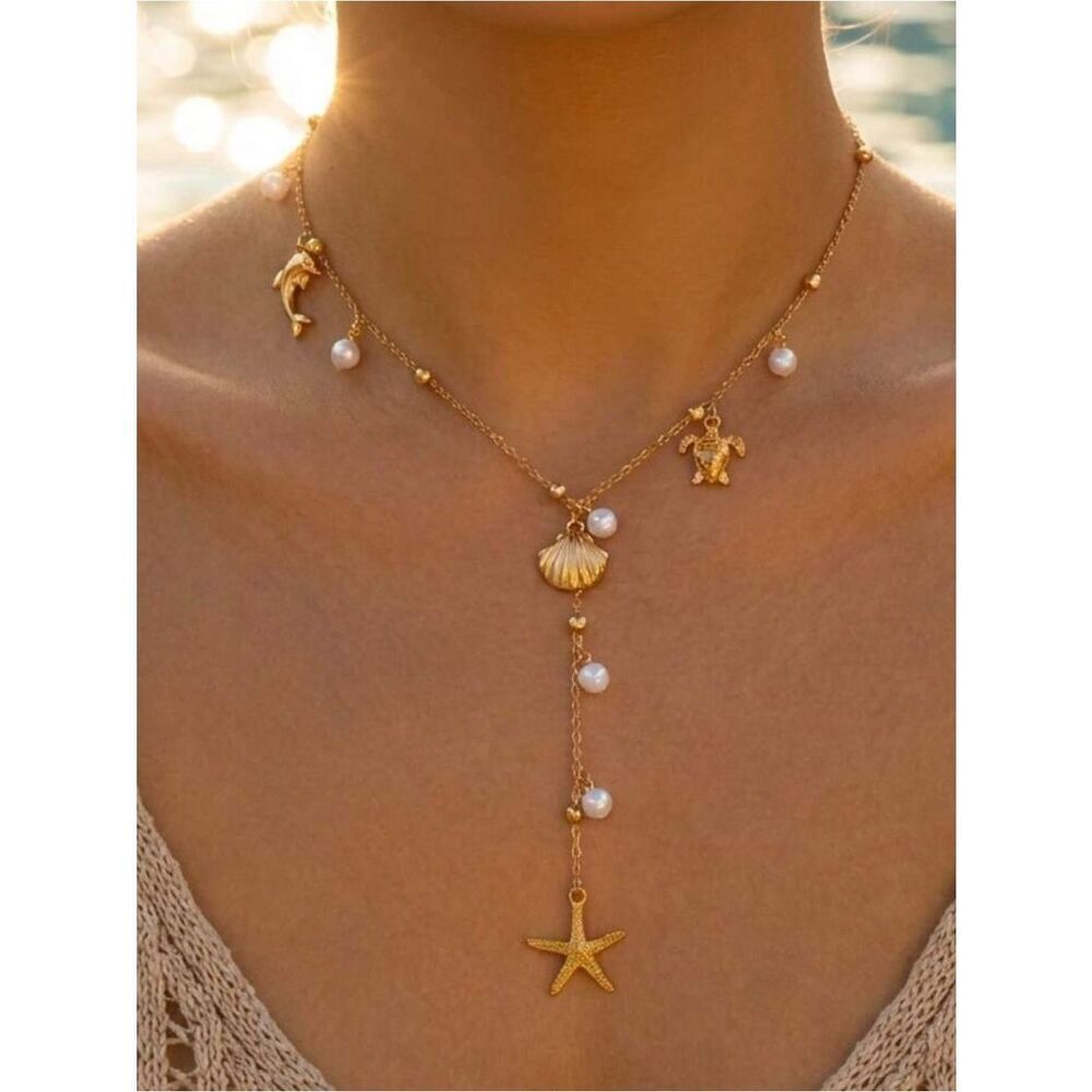 Gold Sea Charm Lariat Necklace with Pearls A1638